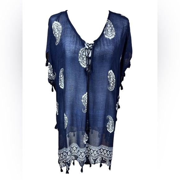 Surf Gypsy Other - Surf Gypsy Sheer Rayon Paisley Lace Up Pullover Tasseled Swimsuit Cover Up Blue